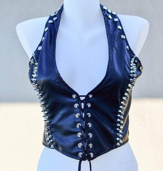 Women Two Tone Black White Cont Biker Leather Silver Spike Studded Cropped Vest
