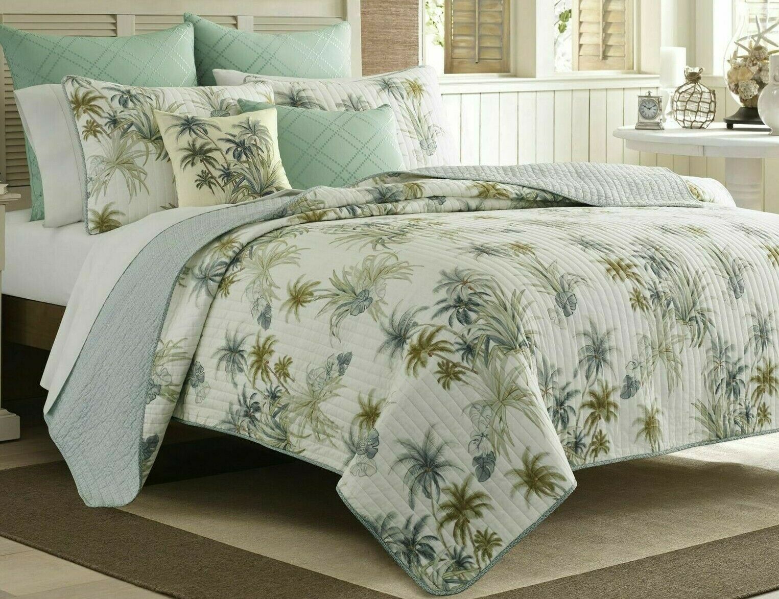 TOMMY BAHAMA "SERENITY PALMS" 2pc EURO PILLOW SHAMS AQUA EMBROIDERED