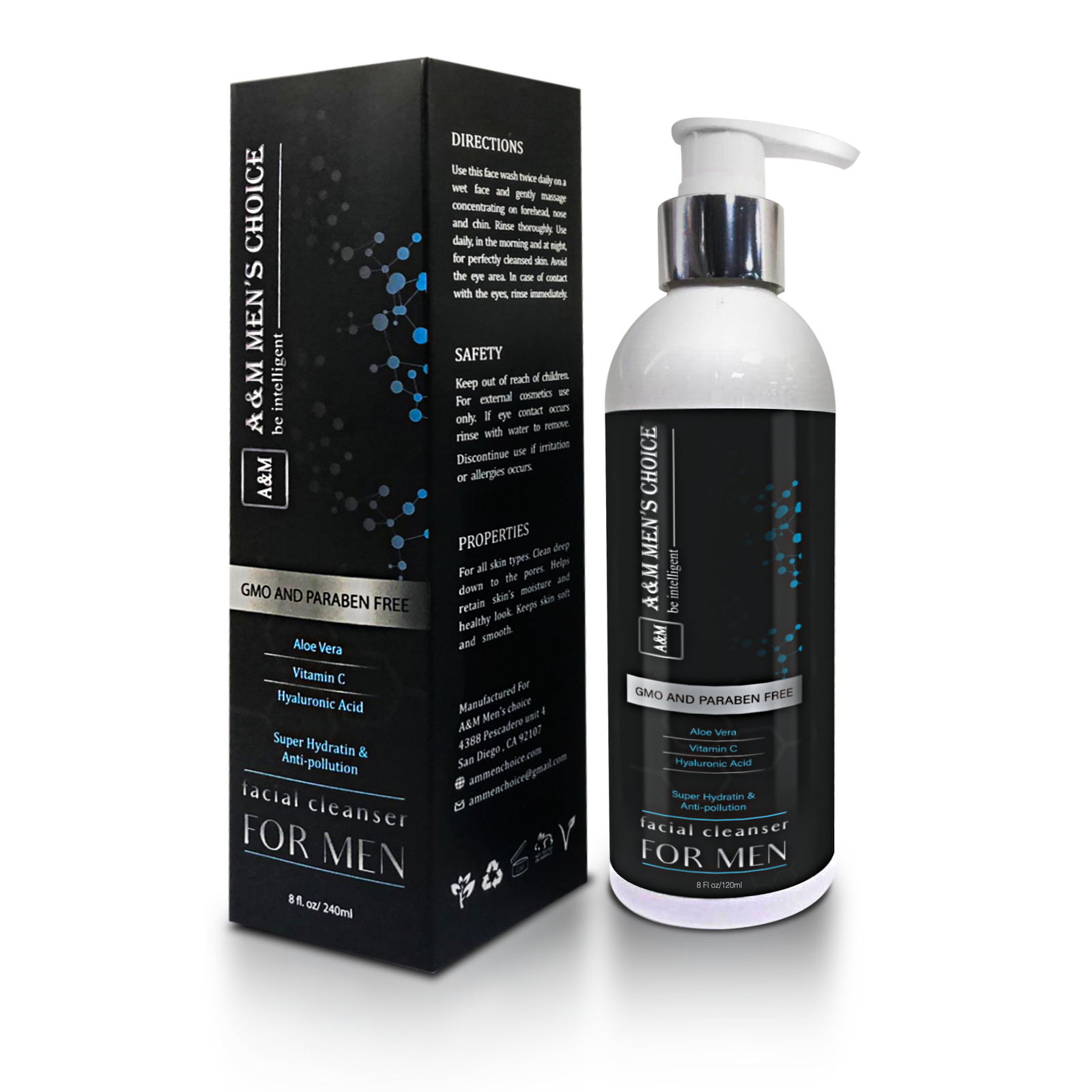 Natural Facial Cleanser for MenHyaluronic Acid,Vitamin C and AloeFace