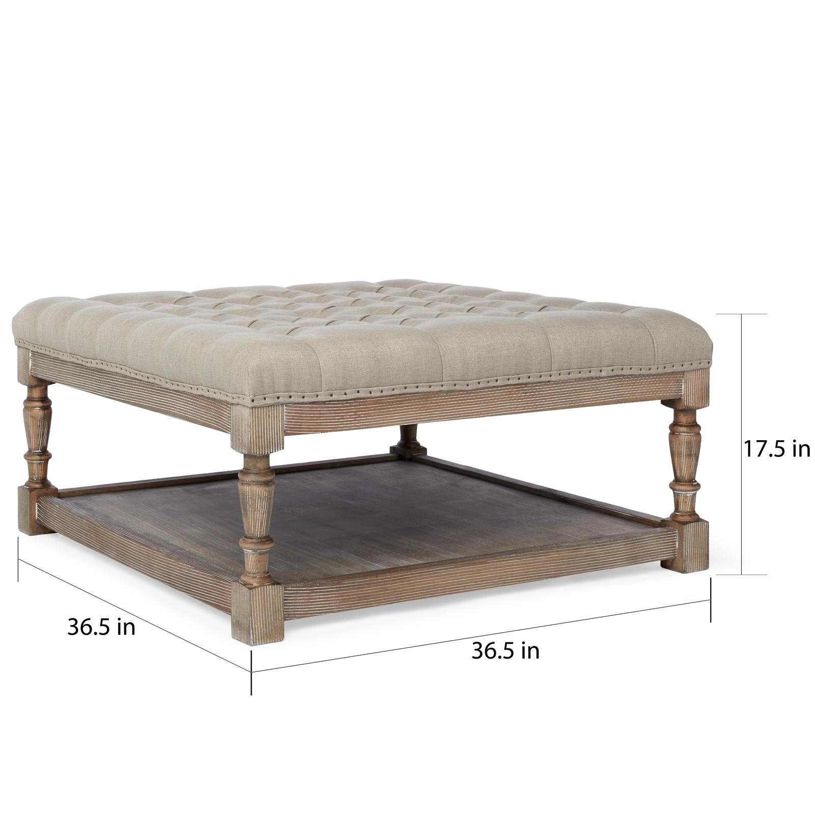 Linen Tufted Ottoman Reclaimed Oak Square French Farmhouse Ottomans, Footstools & Poufs