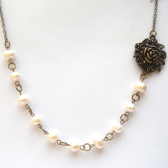 Antiqued Brass Flower White Pearl Necklace - Necklaces & Pendants