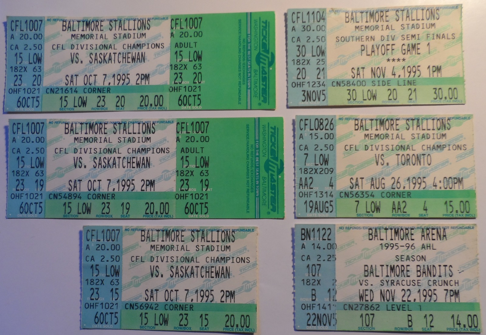 CFL Canadian Football League 1995 U.S. Teams 5 Ticket Stubs Baltimore ...