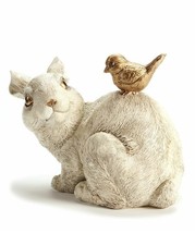 Rabbit Figurine with Gold Bird Accent 10.4" Long Textured Resin Cream Color Gift