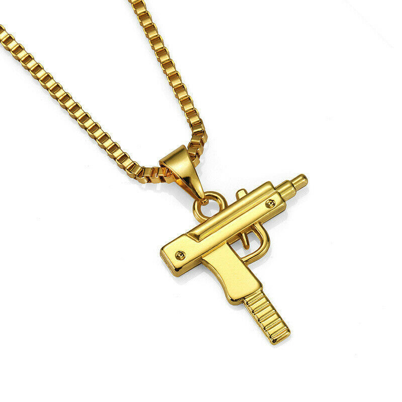 Silver Uzi Iced Machine Gun Pendant Necklace 24" Box Chain Supreme AK47