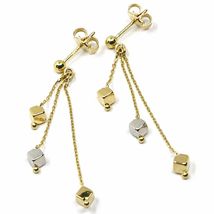 18K YELLOW WHITE GOLD PENDANT EARRINGS, THREE WIRES, SMALL CUBES, 4 cm image 3