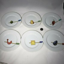Set of 6 Crate & Barrel TIDBITS Appetizer Plates 6.5" Nancy Green Olive Shrimp - $32.95