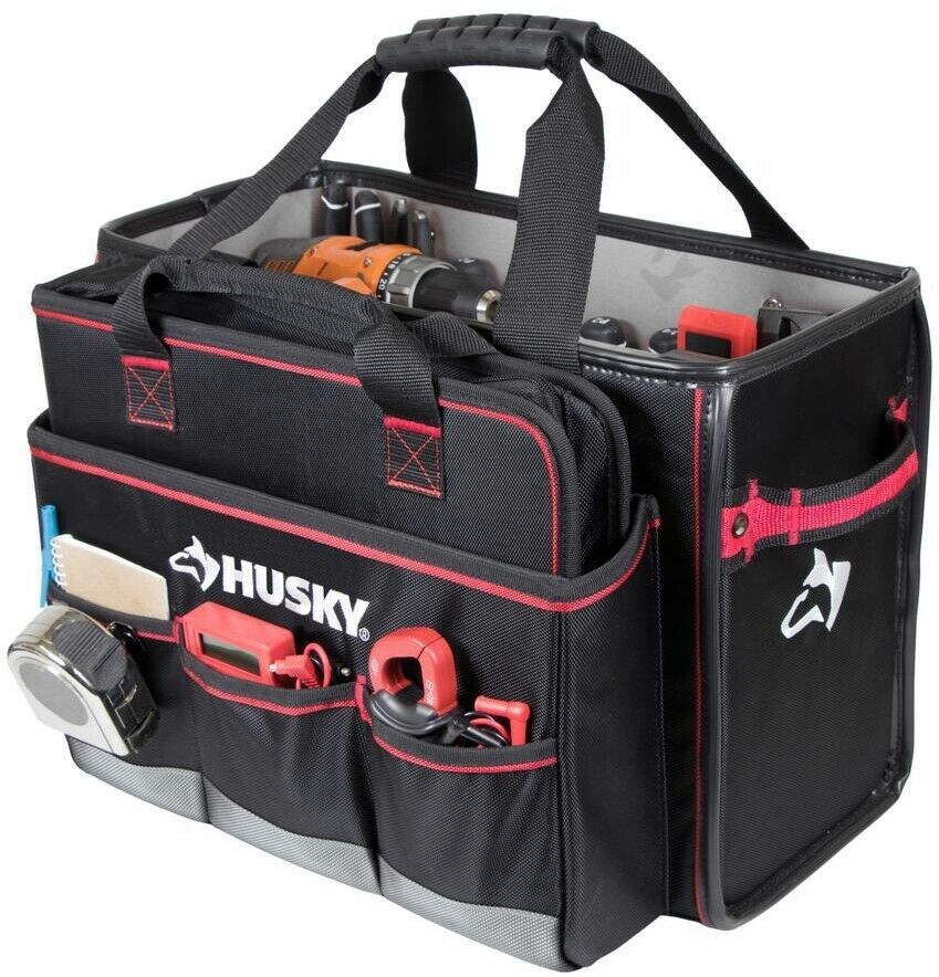 Husky Tool Bag 19 in. Pro Hybrid Tote Tool Storage Organizer Fabric Black Bags, Belts & Pouches