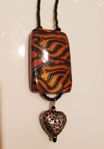Vintage Necklace with Filagree Silver-tone Heart, Animal Print Block Pendant image 6