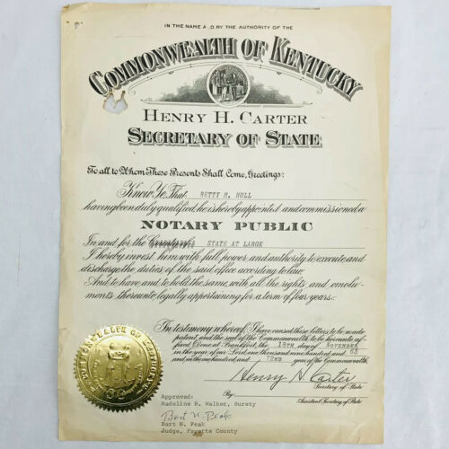 Vintage 1960's Commonwealth of Kentucky Notary Certificate Commission
