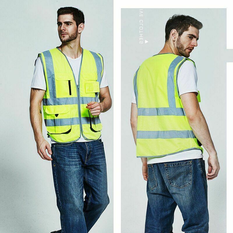Vests For Men's Cargo Use Work Multi Pockets Golden Safety Reflective ...
