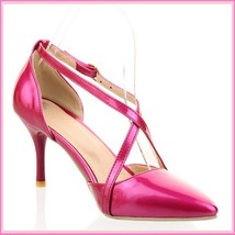 Low Spike Stilletto High Heels Criss Cross Strap Fire Pink PU Leather Sandals 