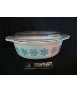 Pyrex Oval casserole #43 snowflake vintage aqua blue on white 1 1/2 quar... - $50.68