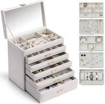 Vlando 6 Tier Large Jewelry Storage Box with Mirror, Frosted Petal, White - $79.11