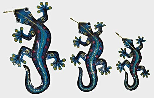 Beautiful Unique Set of 3 Teal Geckos Lizard Metal Tropical Island Wall Art