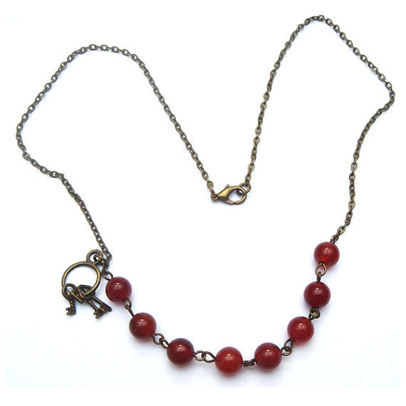 Antiqued Brass Key Red Agate Necklace - Necklaces & Pendants