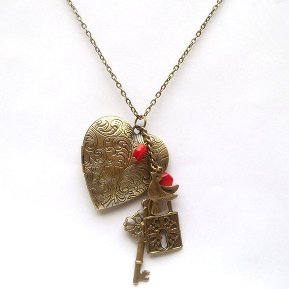 Antiqued Brass Heart Locket Key Bird Red Coral Necklace Necklaces