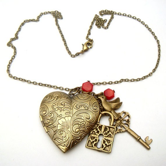 Antiqued Brass Heart Locket Key Bird Red Coral Necklace Necklaces