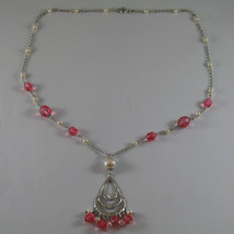 .925 SILVER RHODIUM NECKLACE WITH FUCHSIA CRYSTALS AND SMALL WHITE PEARLS image 2