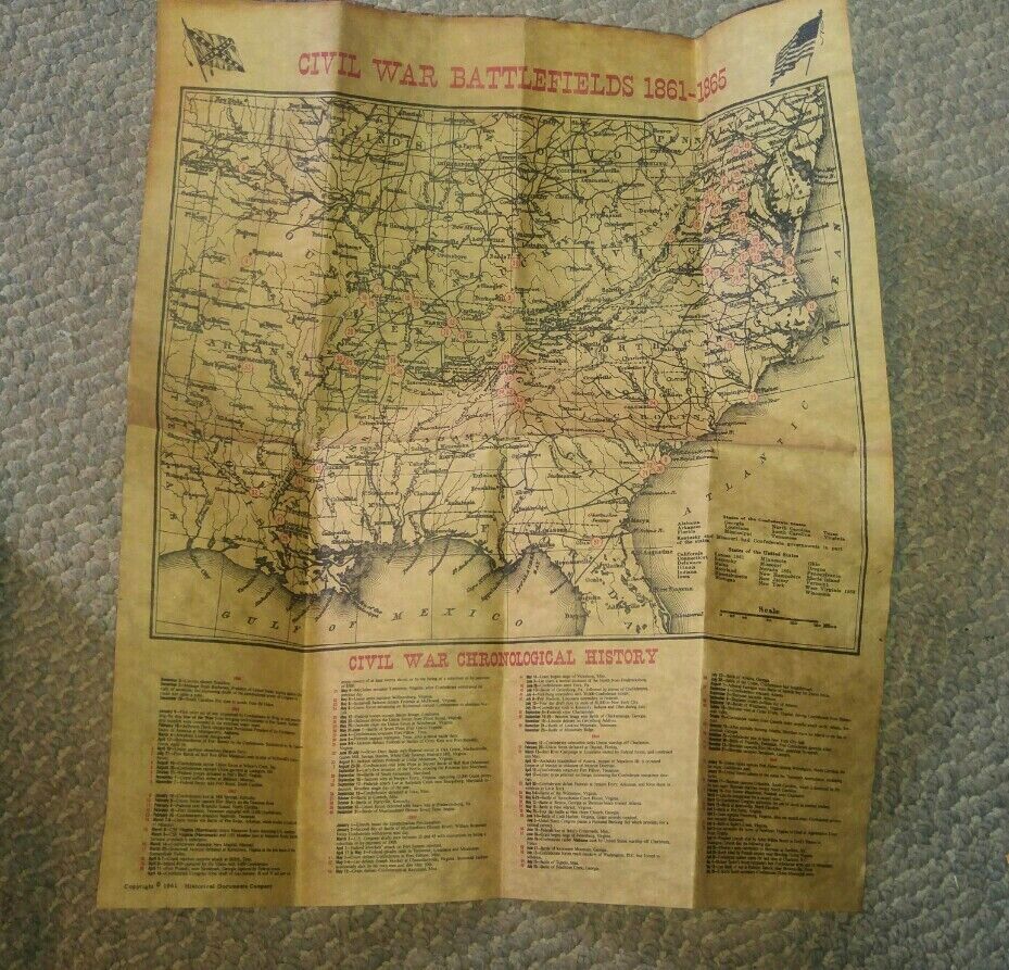 Vintage 1961 Civil War Battlefields 1861-1865 Map Chronological History ...