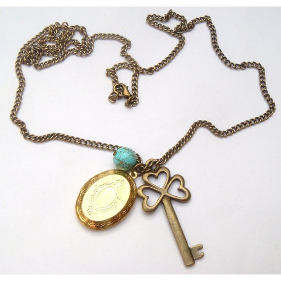 Antiqued Brass Oval Locket Key Green Turquoise Necklace Necklaces