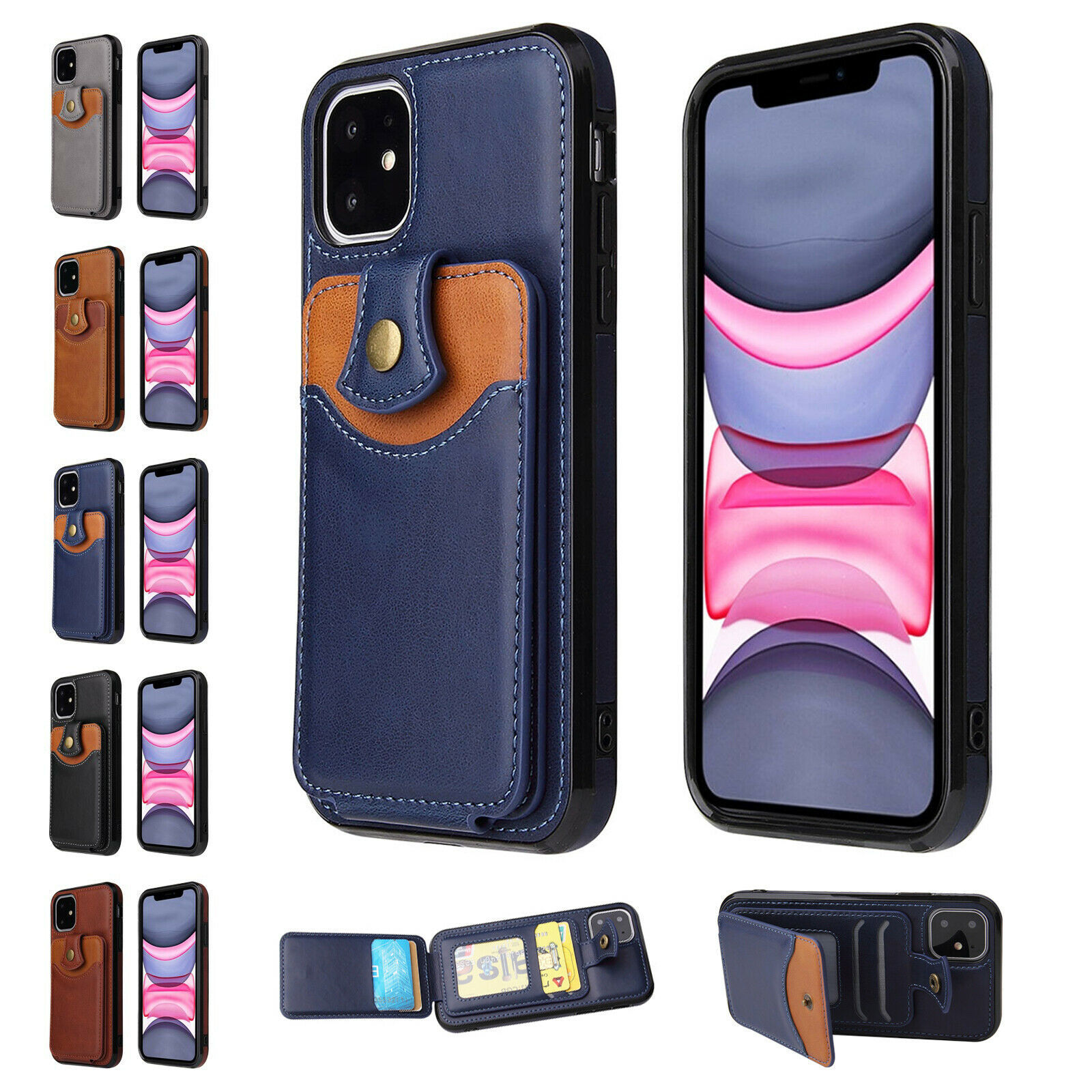 For iPhone 11 Pro/XS Max/XR/7 8 Plus Leather Card Holder Stand Phone Case Cover