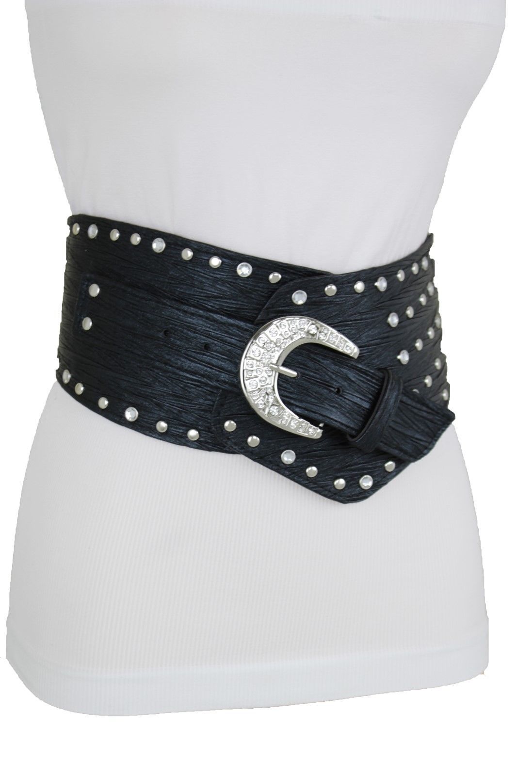 Women Western Belt Hip Wide Shiny Black Faux Leather Big Silver Metal ...