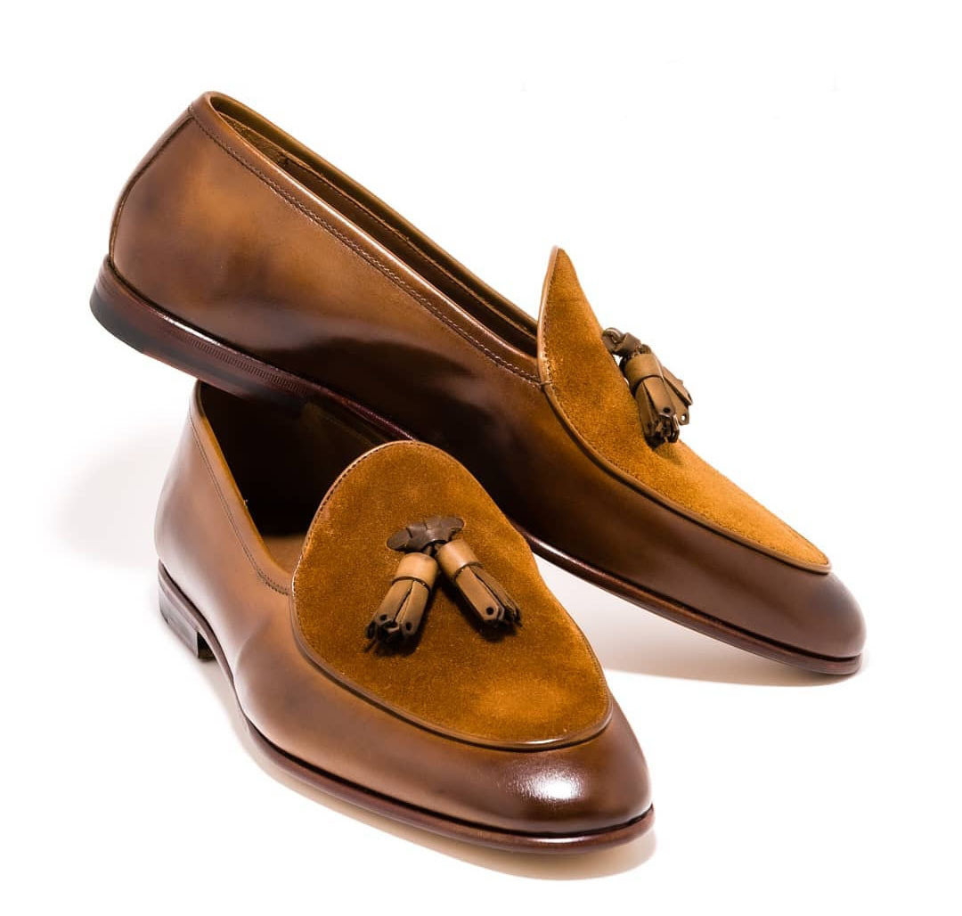 Handmade Men Two Tone Brown Leather Suede Tassel Loafer Shoes, Men Designer Shoe Dress/Formal