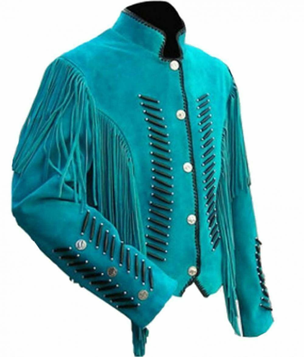 Western Light Blue Color Bone Fringed Genuine Suede Leather Handcrafted Jacket