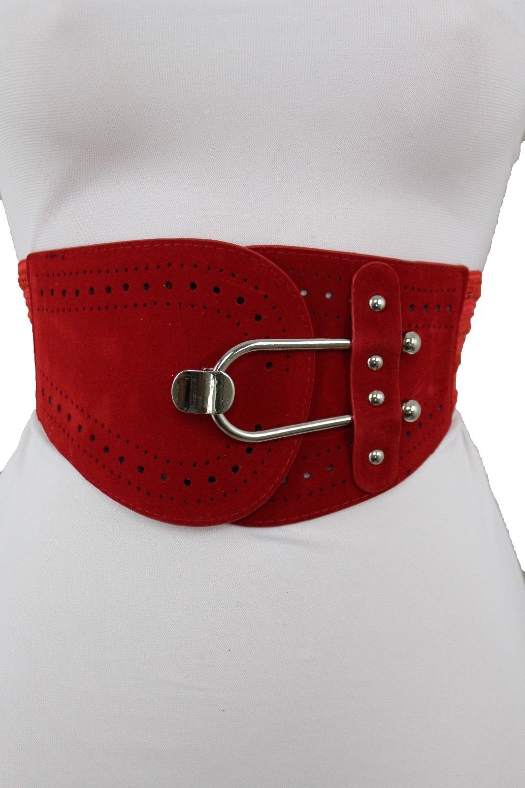 Women Fashion Red Elastic Belt Hip High Waist Silver Metal Hook Buckle ...