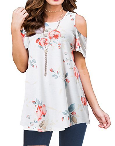 PrinStory Women's Short Sleeve Casual Cold Shoulder Tunic Tops Loose ...