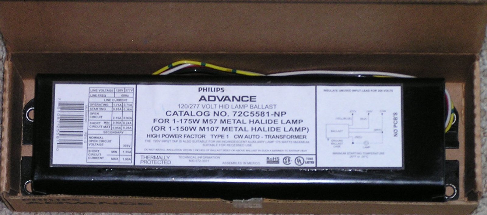 Primary image for Advance 72C5581NP001 F-Can Metal Halide Ballast 175 Watt M57/M107 - 120/277 Volt