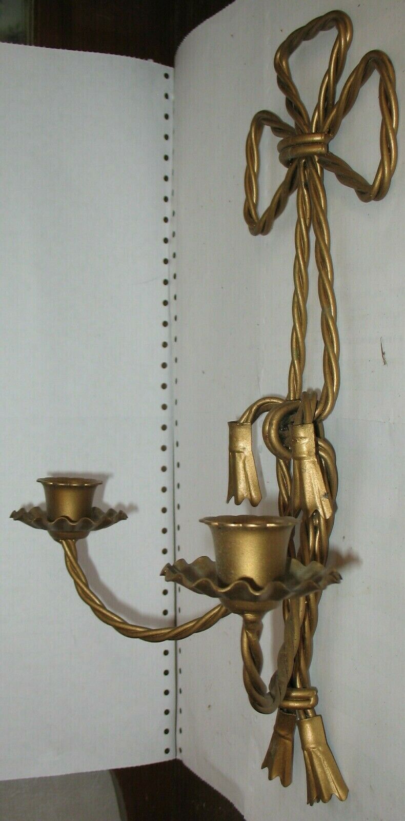Vintage Twisted Ribbon Wrought Iron Painted Gold Double Taper Candle