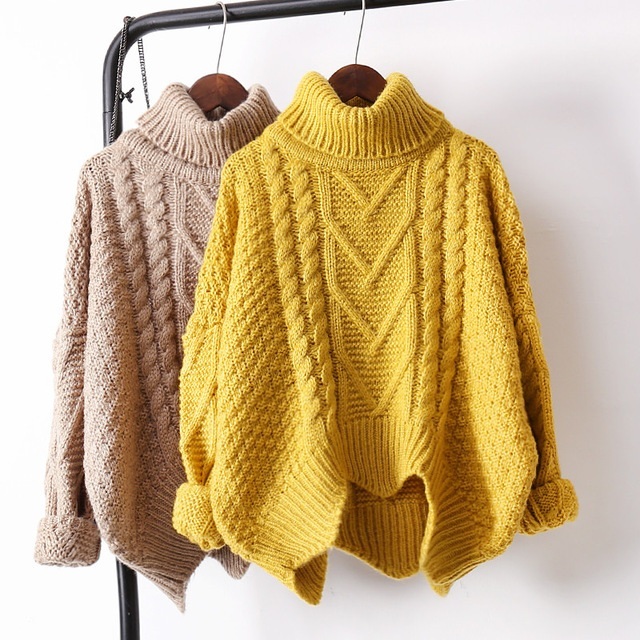 New yellow chunky cable knit sweater turtleneck pullover warm jumper autumn fall