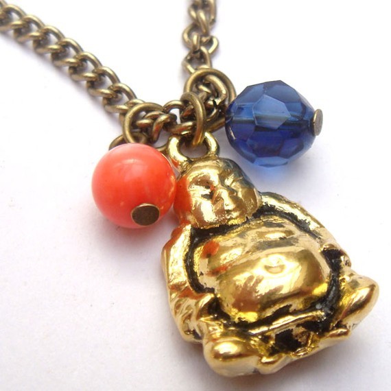 Antiqued Brass Buddha Pink Coral Quartz Necklace Necklaces & Pendants