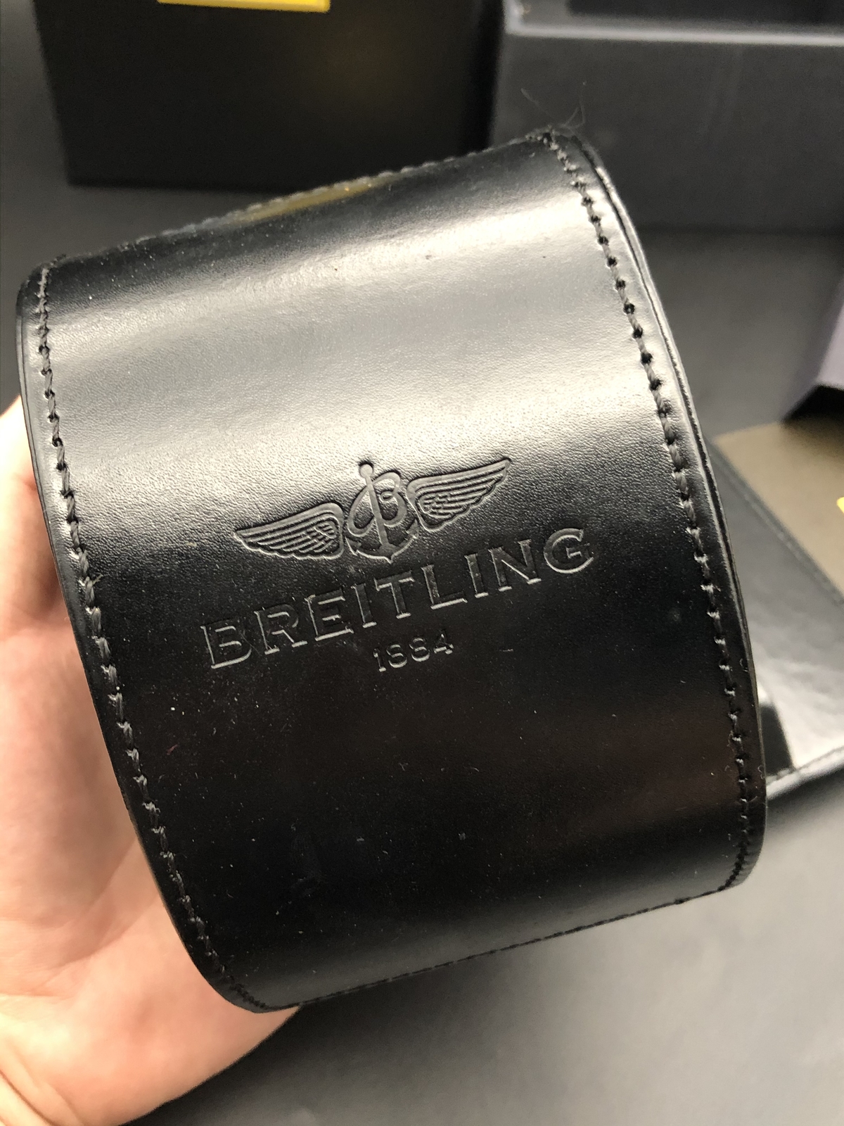 Breitling 1884 Watch Box Genuine Black Leather Bakelit Authentic Case Gift Set ♕