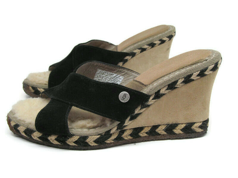 Ugg Austrailia Margot 1689 Womens Black Beige Leather Wedge Slip On Shoes US 6 - $36.26