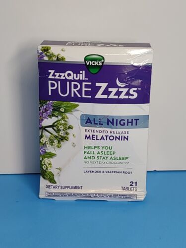 Vicks ZzzQuil Pure Zzzs All Night Melatonin 21 Tablets 12/2023 New Worn ...