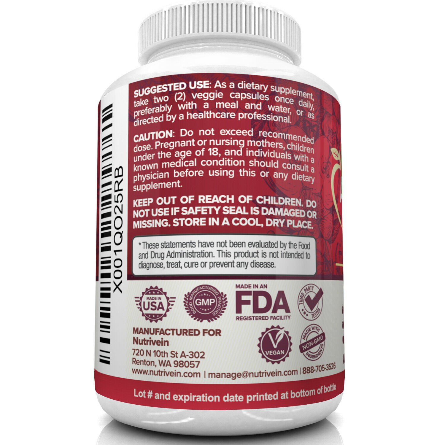 Nutrivein Apple Cider Vinegar Capsules with Mother 1600mg 120 Pills