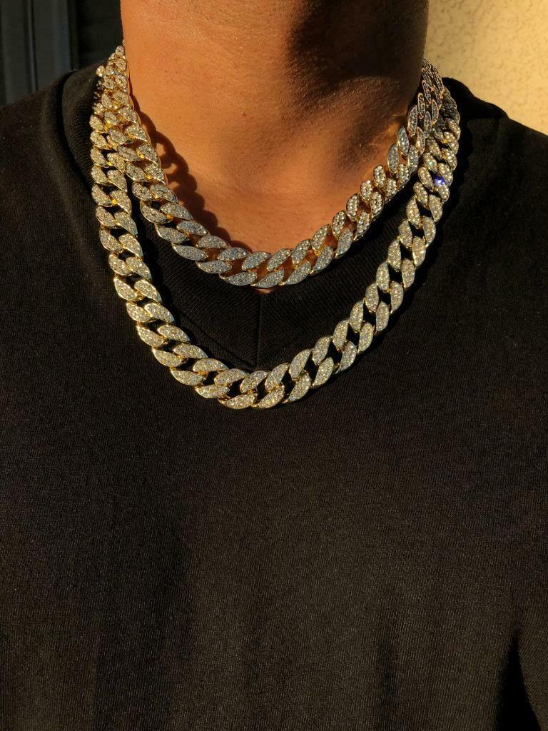 Mens Iced out Miami Cuban Link Chain 14k Gold Finish Bling Bust Down