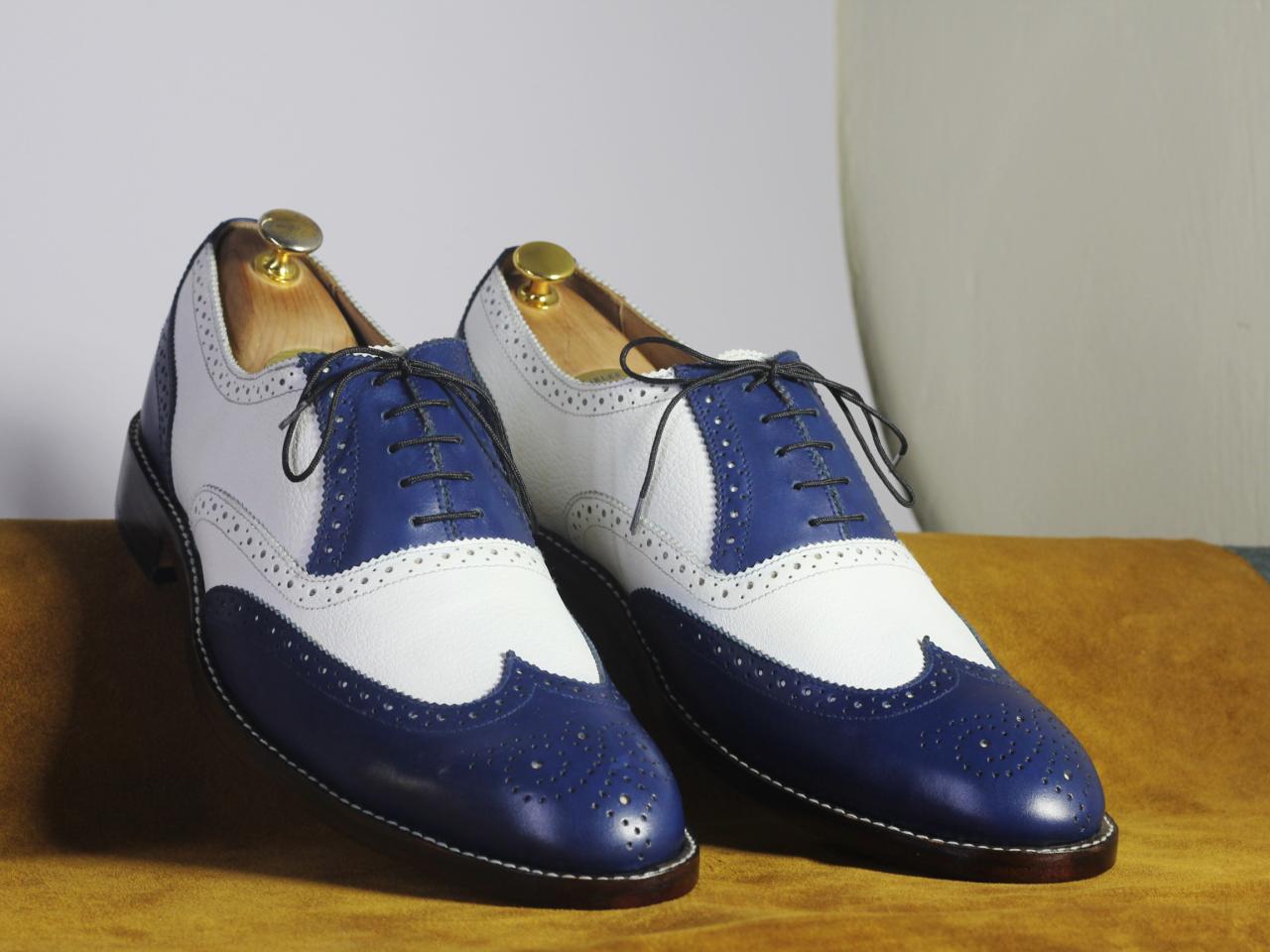 Men's Handmade Two Tone Blue White Wing Tip Brogue Pebbled Leather ...