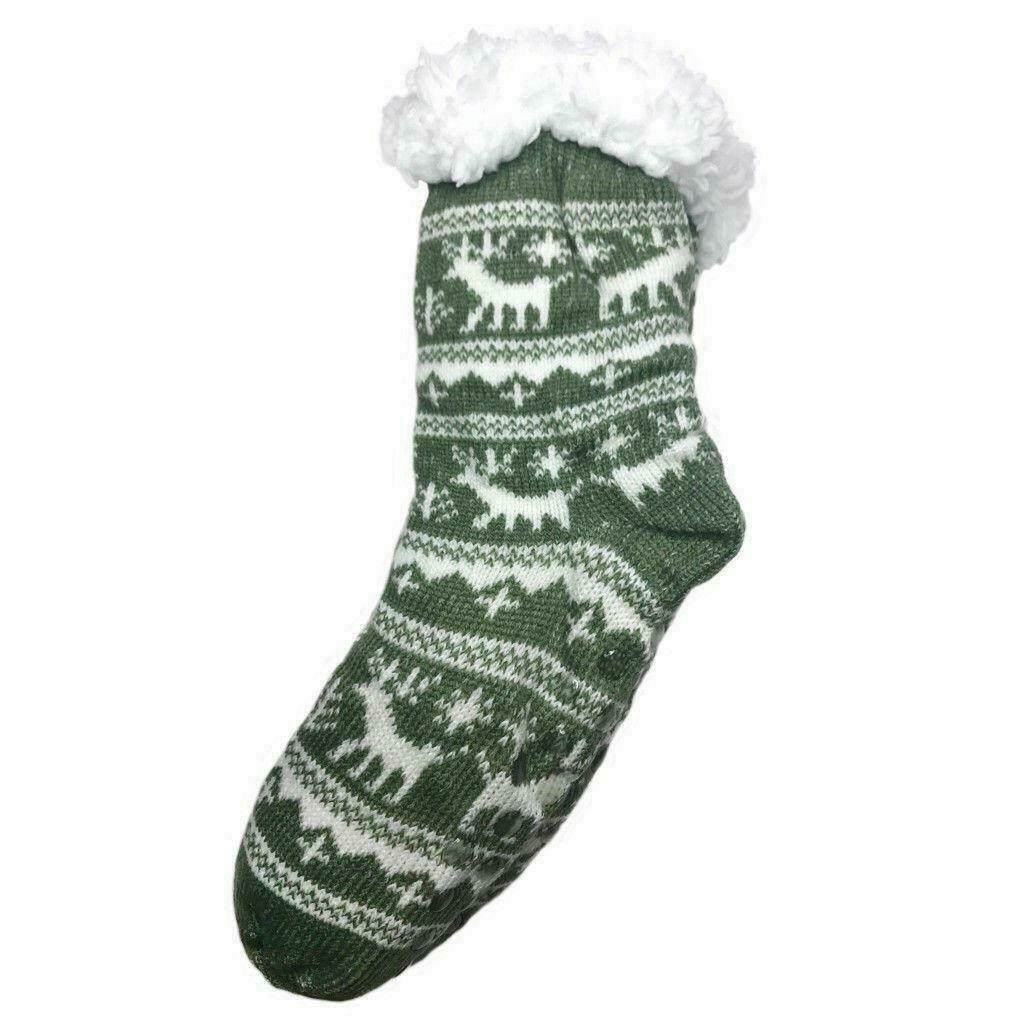 Women Girl Knit Deer Flake Anti Skid Winter Slipper Socks Fur Shearling in Green