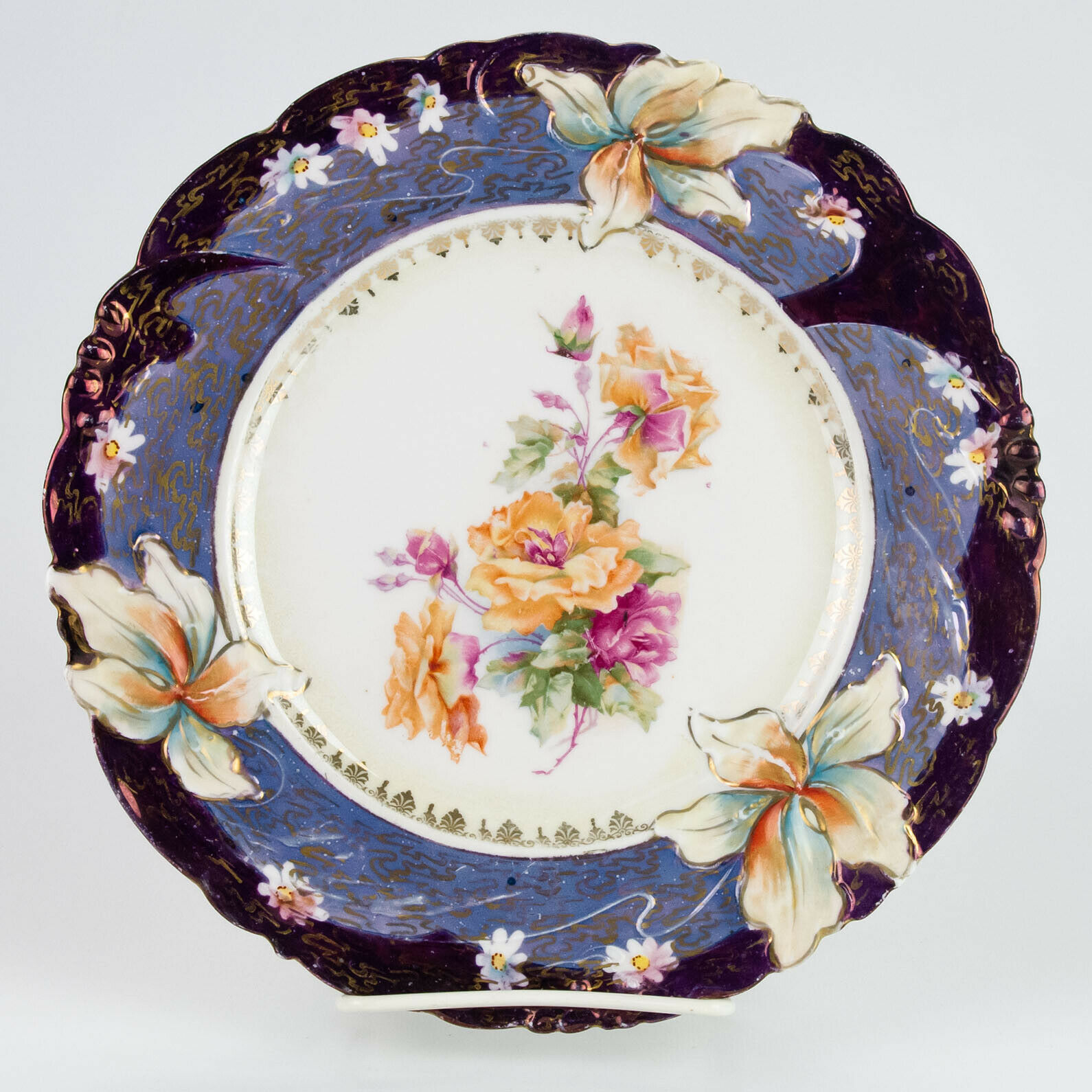 Primary image for RS Prussia Iris Plate Large Roses, Blue Violet Tiffany Finish & Gold, Antique 9"