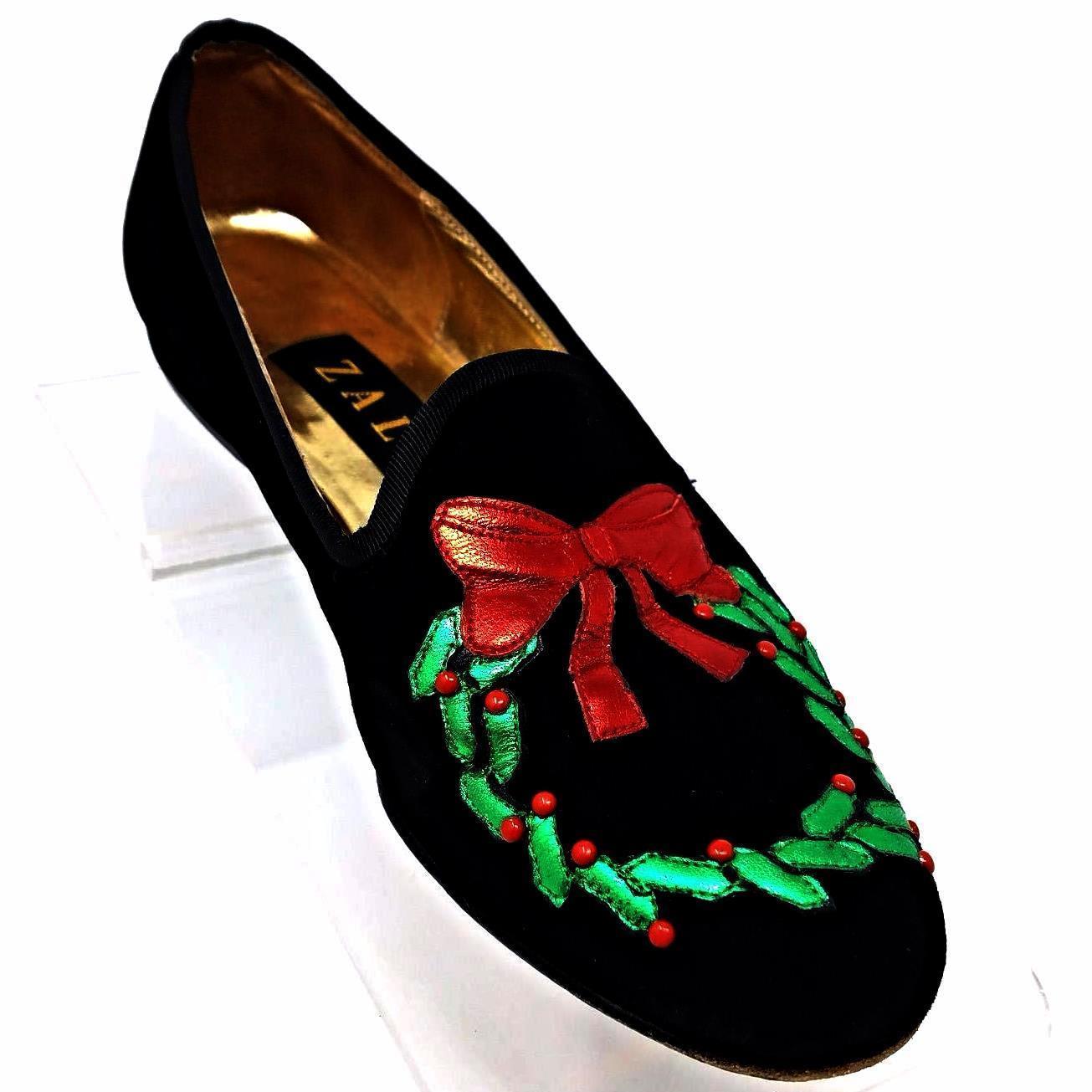 Zalo Black Velvet Vtg Holiday Christmas Wreath Leather Sole Shoes