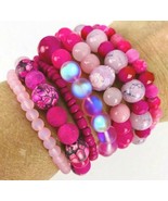 Pink Rhodochrosite Frost Stack Bracelet Set 7 Hot Pink Crystal Handmade - $49.49