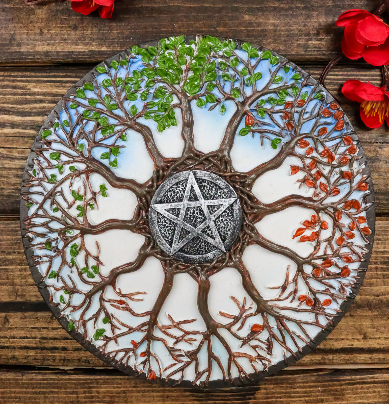 Four Seasons Dendritic Tree Wheel of Life with Pentagram Star Wall Decor Plaque