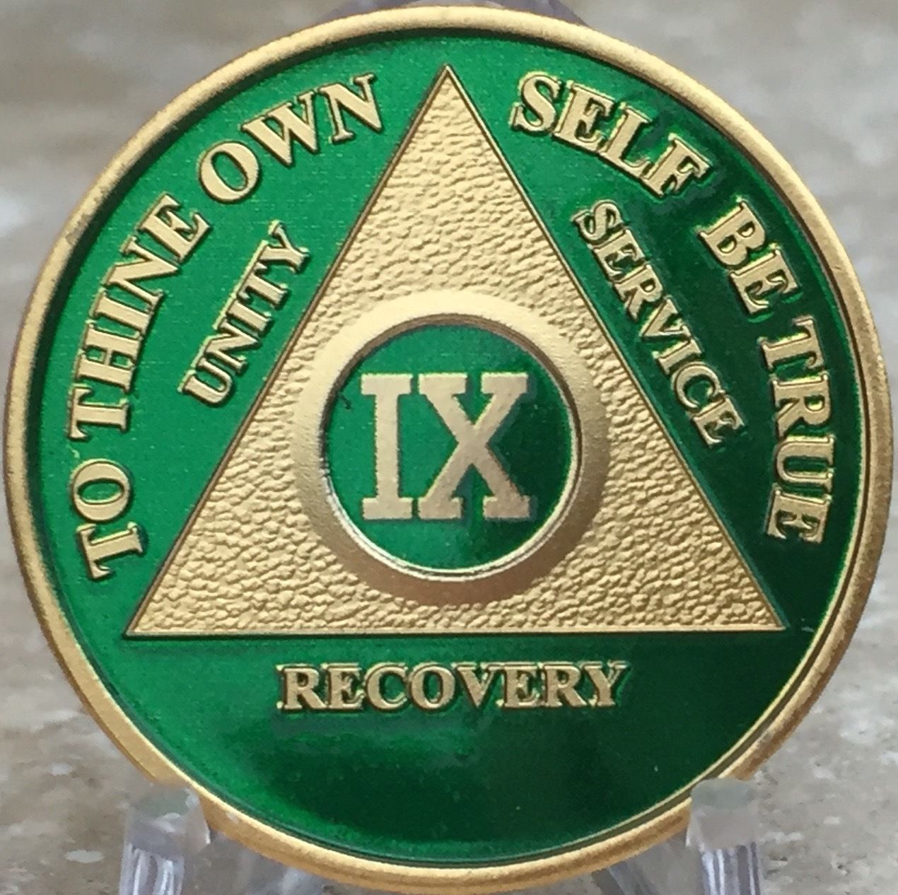 9 Year AA Medallion Green Gold Plated Alcoholics Anonymous Sobriety Chip Coin