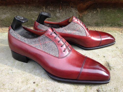 Two Tone Maroon Red Cont Tweed Burnished Cap Toe Black Sole Leather Laceup Shoes