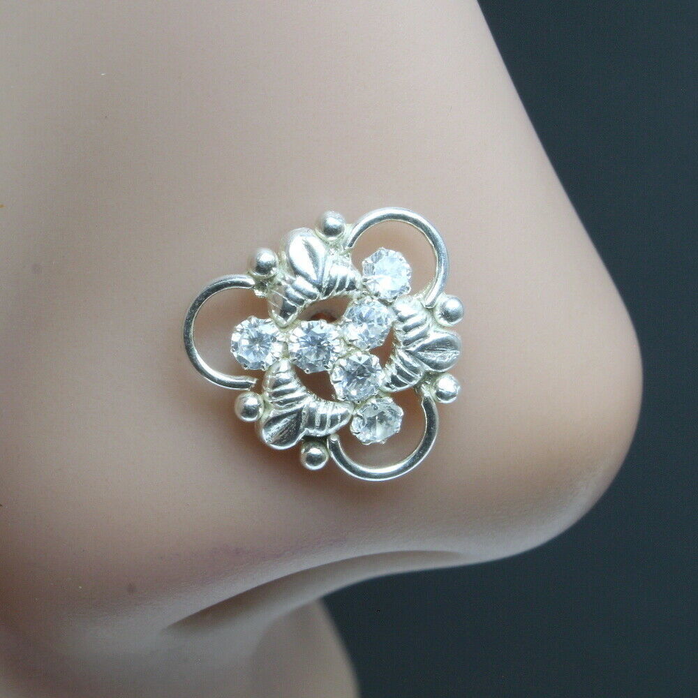 Ethnic Indian 925 Sterling Silver White CZ Studded Nose ring Push Pin