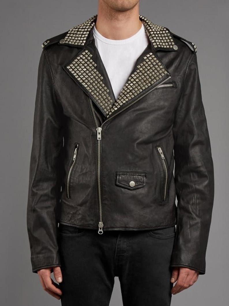 New Mens Silver Studded Collar Leather Jacket, Steam Punk Silver Spiked Studded - Coats & Jackets