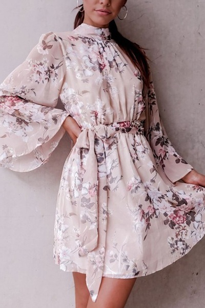 New pink floral long bell sleeve chiffon sexy backless short dress spring summer